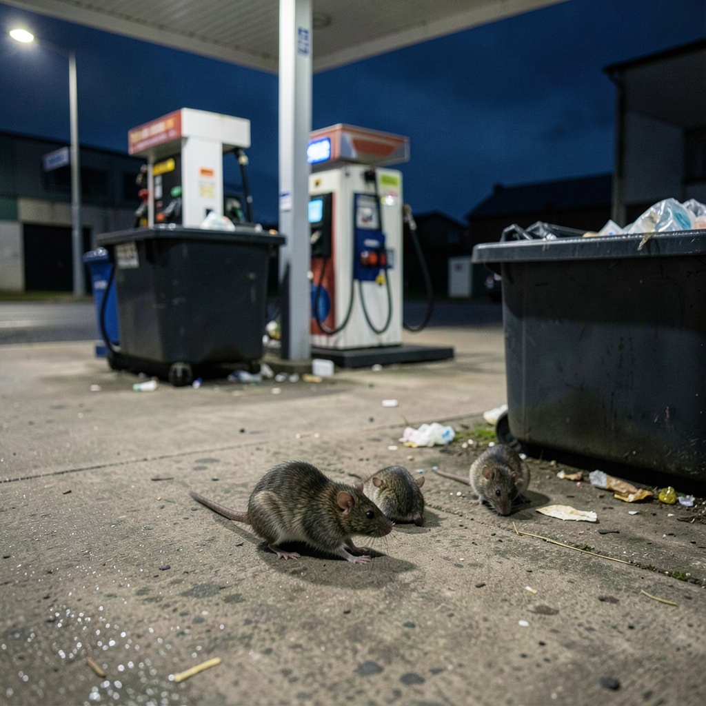 Rats photographed near waste bins at Phoenix Filling Station, Bradford